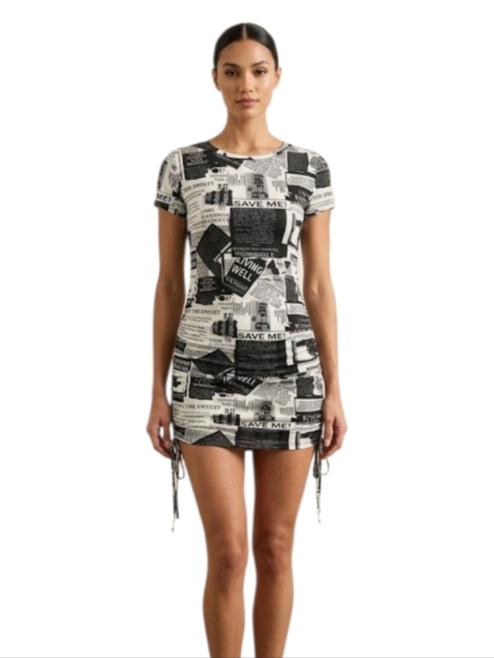 Kiyomi Newspaper Print Ruched Dress‎ Size Small